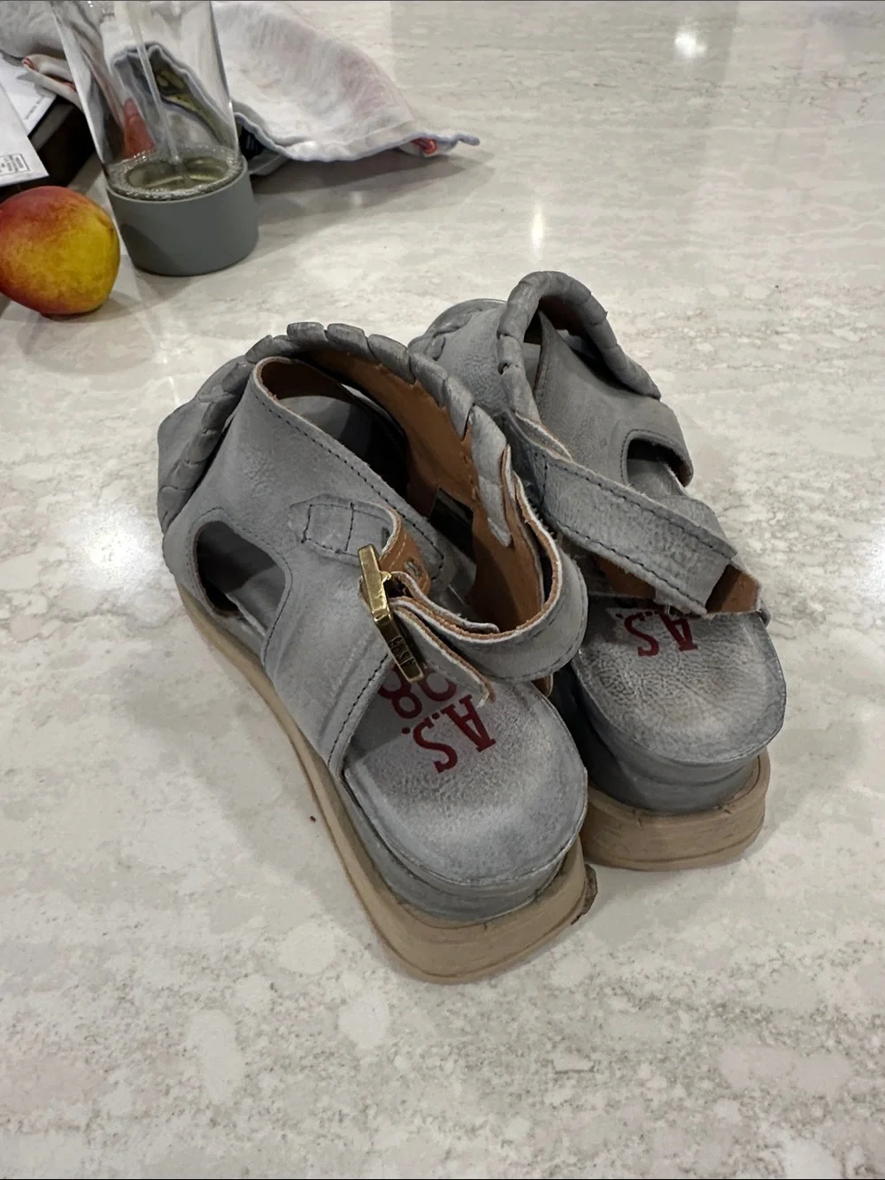 A.S.98 Light Gray Leather Braided Peep-Toe Wedge Sandals
